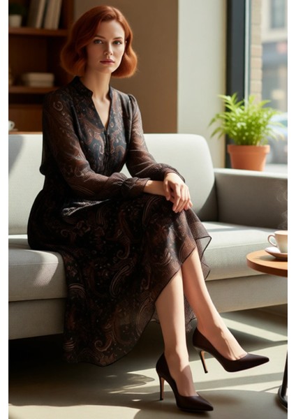 Kadın Uzun Kollu Astarlı Şifon Midi Elbise Şal Desenli Anahtar Deliği Yaka Skater Kalıp Sonbahar Kış fırsatları