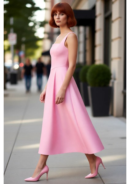 Kadın Şık Gece Elbisesi Skater Siluet Kare Yaka Midi Boy Düz Desen Saten Dokuma Kalın Askılı modelleri