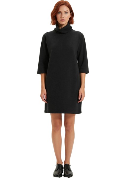 Kadın Düz Desen Balıkçı Yaka Örme Elbise Shift Kalıp Düşük Truvakar Kol Kış Sezonu Için Ideal Mini