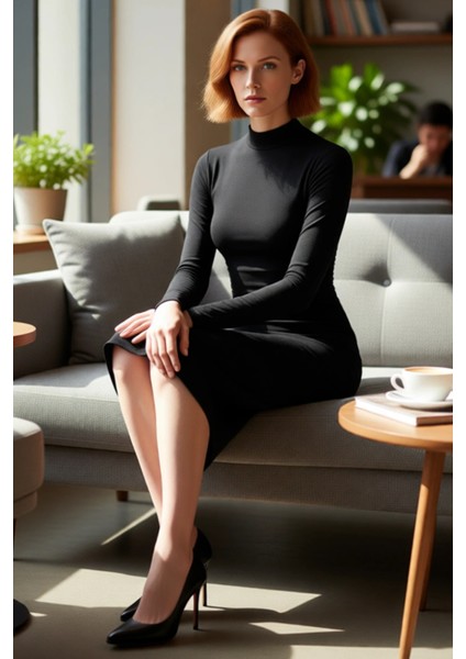 Kadın Şık Düz Desen Dik Yaka Uzun Kollu Bodycon Midi Örme Elbise Kış Kombinlerinin Vazgeçilmezi