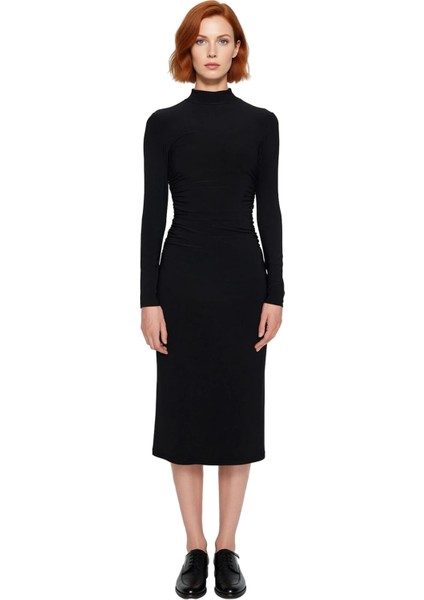 Kadın Şık Düz Desen Dik Yaka Uzun Kollu Bodycon Midi Örme Elbise Kış Kombinlerinin Vazgeçilmezi fiyatları