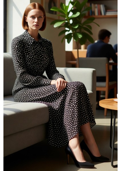 Kadın Modern Feminine Puantiyeli Gömlek Yaka Uzun Kol Maxi Boy Viskoz Günlük Elbise Kaliteli fırsatları