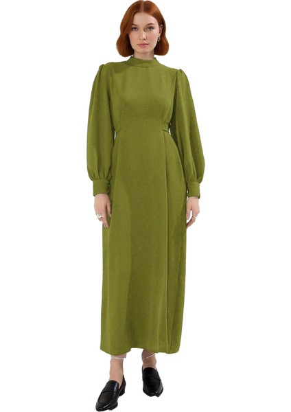 Kadın Şık ve Rahat Lacivert Düz Desen Aerobin Dokuma Balon Kol Dik Yaka Maxi Elbise Kaliteli