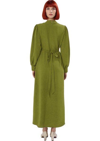 Kadın Şık ve Rahat Lacivert Düz Desen Aerobin Dokuma Balon Kol Dik Yaka Maxi Elbise Kaliteli fiyatları