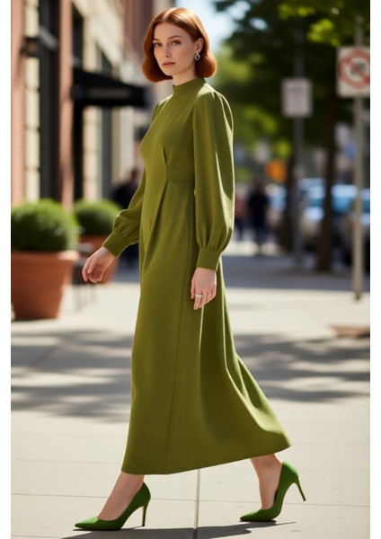 Kadın Şık ve Rahat Lacivert Düz Desen Aerobin Dokuma Balon Kol Dik Yaka Maxi Elbise Kaliteli modelleri