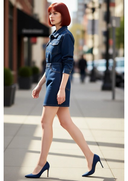 Kadın Uzun Kollu Denim Mini Elbise Gömlek Yaka Bodycon Kalıp Modern Günlük Şıklık Için Ideal. modelleri