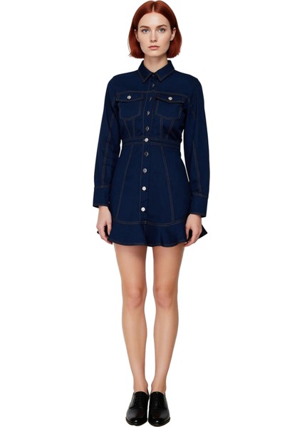 Kadın %100 Pamuk Dokuma Gömlek Elbise Uzun Kollu Mini Boy Düğmeli Fırfırlı Gündüz Kombini Kaliteli