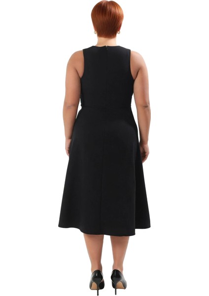 Kadın Midi Boy Siyah A Line Kesim Kolsuz Büyük Beden Abiye Elbise Dokuma Kumaş Özel Davetler Için fiyatları