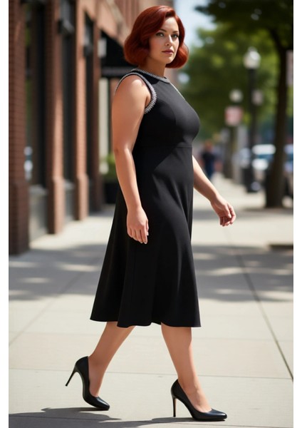 Kadın Midi Boy Siyah A Line Kesim Kolsuz Büyük Beden Abiye Elbise Dokuma Kumaş Özel Davetler Için modelleri