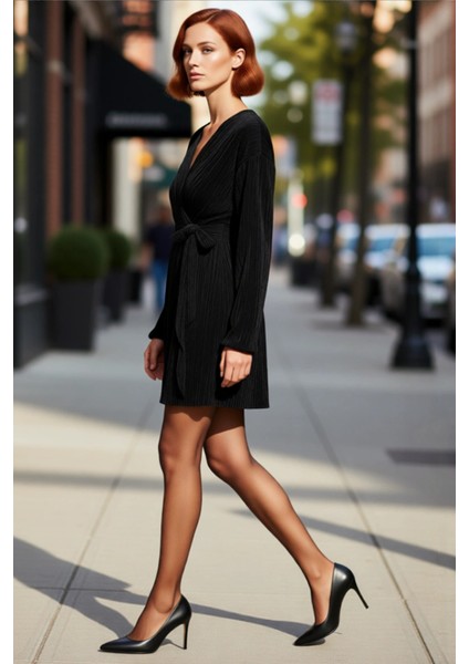 Kadın Şık Uzun Kol Piliseli Polyester Kruvaze Mini A Kesim Bağlama Detaylı Gece Elbisesi Kış Sezonu modelleri