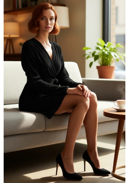 Kadın Şık Uzun Kol Piliseli Polyester Kruvaze Mini A Kesim Bağlama Detaylı Gece Elbisesi Kış Sezonu fırsatları