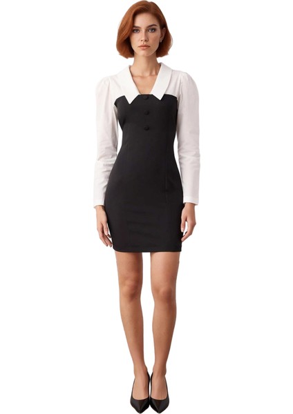 Kadın Şık Bodycon Kesim Dokuma Mini Elbise Gömlek Yaka Detaylı Uzun Balon Kol Modeli Sonbahar Kış