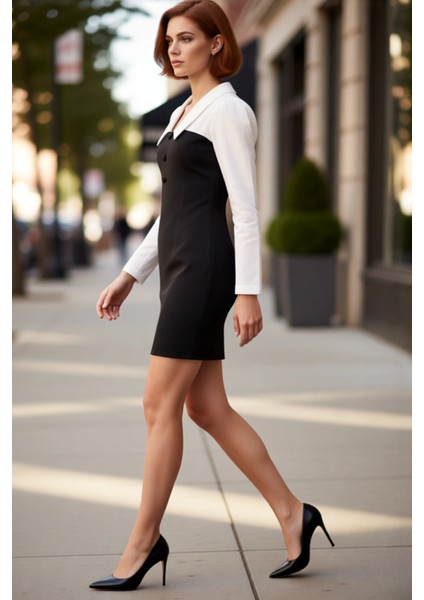 Kadın Şık Bodycon Kesim Dokuma Mini Elbise Gömlek Yaka Detaylı Uzun Balon Kol Modeli Sonbahar Kış modelleri