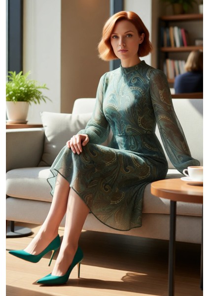 Kadın Şal Desenli Midi Şifon Elbise Dik Yaka Uzun Balon Kollu Astarlı ve Fırfırlı A Kesim Kaliteli fırsatları