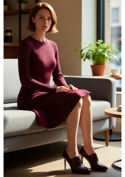 Kadınlar Için Bordo A Kesim Triko Elbise Mini Boy Uzun Standart Kol Kışlık Gündüz Gece Kombin fırsatları