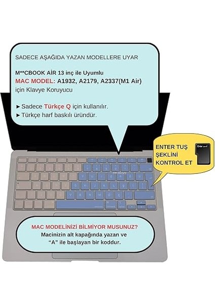 Macbook Air M1 13INÇ Klavye Koruyucu (Türkçe Q) (Touchıd'li Air) A2179 A2337 ile Uyumlu R.powder Mavi Pembe fiyatları