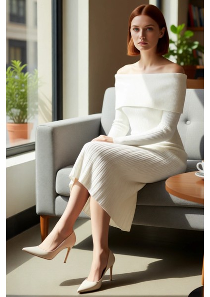 Kadınların Şık Gündüz Gece Kombinleri Için Ideal Carmen Yaka Midi Boy Triko Elbise Kaliteli fırsatları