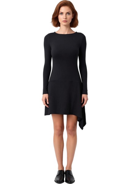 Kadın Örme Viskon Ribana Bodycon Kalıp Kayık Yaka Uzun Kollu Asimetrik Mini Elbise Konforlu Şıklık