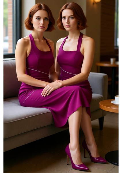 Kadın Zarif Gece Elbisesi Bodycon Kalın Askılı Kolsuz Kare Yaka Taş Detaylı Midi Tasarım Kaliteli