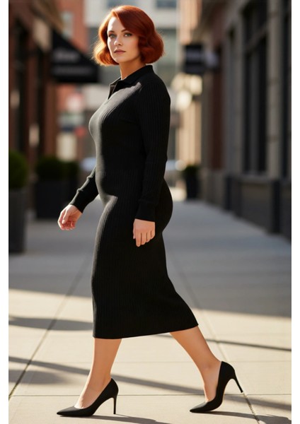 Kadın Polo Yaka Fitilli Bodycon Triko Midi Elbise Uzun Kollu Kış Günlük Şık Akrilik Tasarım