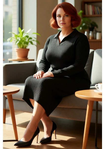 Kadın Polo Yaka Fitilli Bodycon Triko Midi Elbise Uzun Kollu Kış Günlük Şık Akrilik Tasarım fiyatları