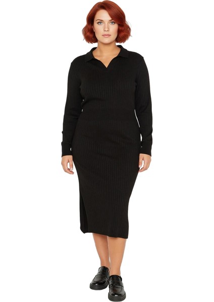 Kadın Polo Yaka Fitilli Bodycon Triko Midi Elbise Uzun Kollu Kış Günlük Şık Akrilik Tasarım modelleri