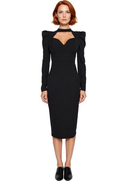 Kadınlara Özel Bordo Bodycon Kesim Midi Elbise Balon Kol Kalp Yaka Gece Kokteyl Davetleri Için