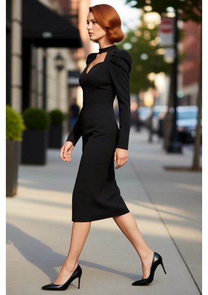 Kadınlara Özel Bordo Bodycon Kesim Midi Elbise Balon Kol Kalp Yaka Gece Kokteyl Davetleri Için modelleri