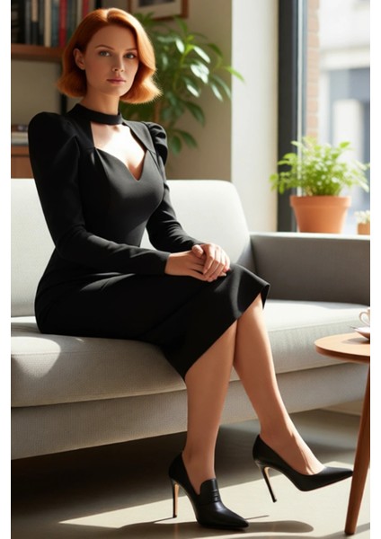 Kadınlara Özel Bordo Bodycon Kesim Midi Elbise Balon Kol Kalp Yaka Gece Kokteyl Davetleri Için fırsatları