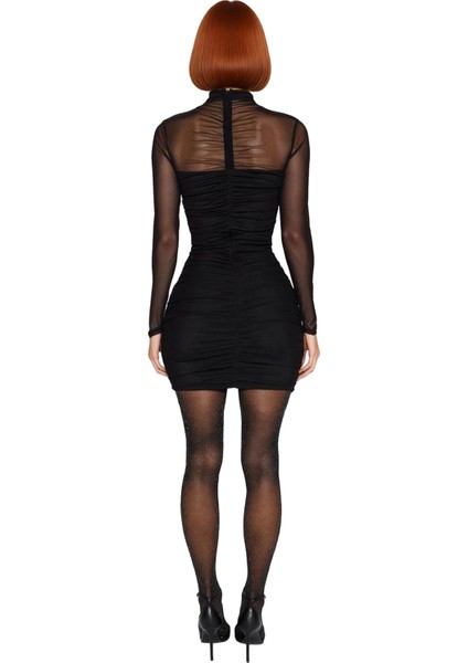 Kadın Siyah Bodycon Dik Yaka Büzgü Detaylı Uzun Kollu Tül Astarlı Gece Elbisesi Özel Günler Için fiyatları
