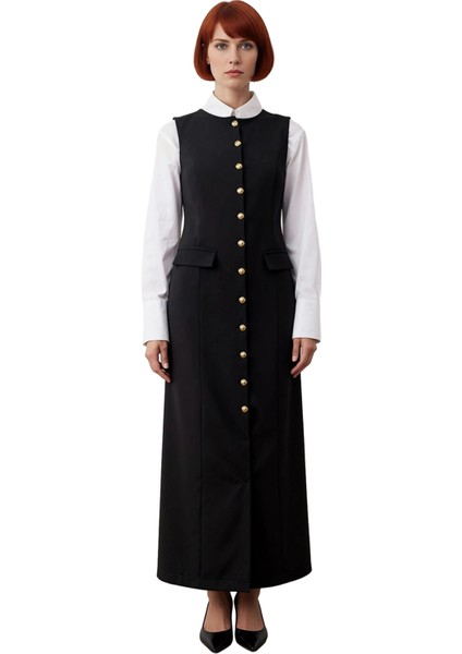 Kadın Siyah Tesettür Giyim Gold Düğmeli Kolsuz Maxi Boy Jile Elbise Dokuma Kumaş Casual Kış Modası fiyatları