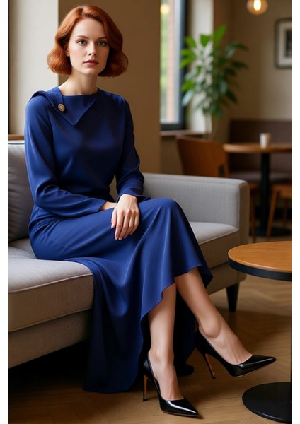 Kadın Özel Davet Maxi Elbisesi Asimetrik Kayık Yaka Astarlı Ispanyol Kol Tasarım Zarafeti Kaliteli