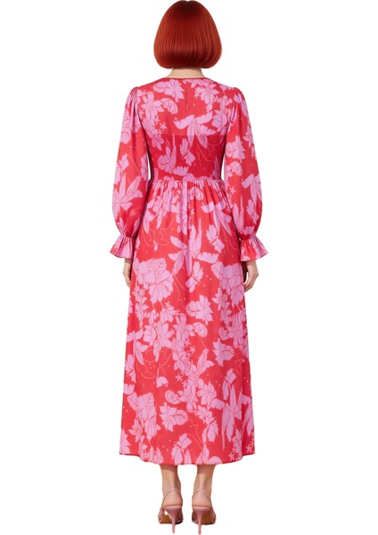 Kadın Maxi Elbise Dokuma Çiçekli Desen Büzgülü Uzun Kol Kırmızı Zarif Bisiklet Yaka Modern Stil fiyatları