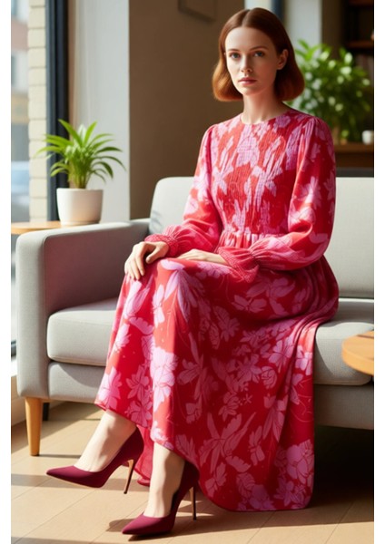 Kadın Maxi Elbise Dokuma Çiçekli Desen Büzgülü Uzun Kol Kırmızı Zarif Bisiklet Yaka Modern Stil fırsatları