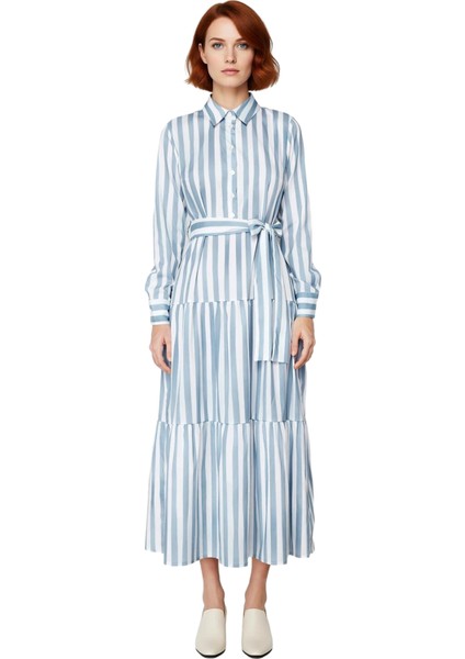 Kadın Fashion Forward Çizgili Dokuma Gömlek Yaka Kuşaklı Fırfırlı Etekli Maxi Elbise Ilkbahar