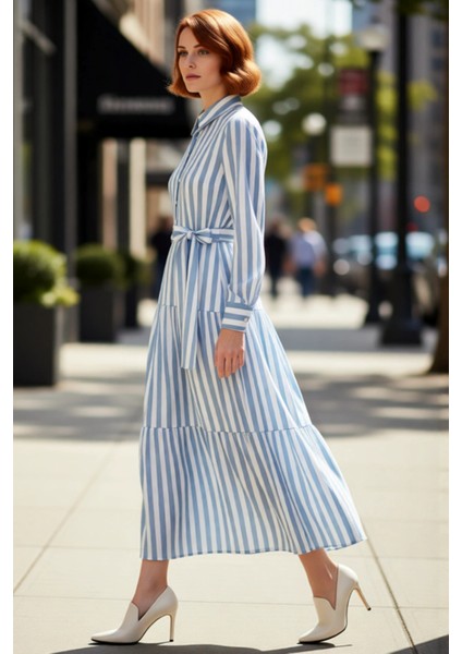 Kadın Fashion Forward Çizgili Dokuma Gömlek Yaka Kuşaklı Fırfırlı Etekli Maxi Elbise Ilkbahar modelleri