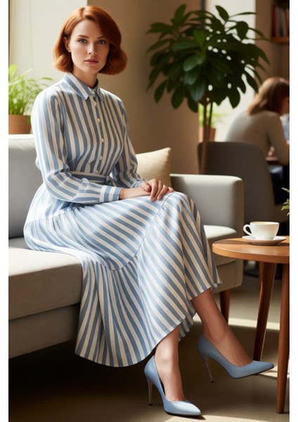 Kadın Fashion Forward Çizgili Dokuma Gömlek Yaka Kuşaklı Fırfırlı Etekli Maxi Elbise Ilkbahar fırsatları