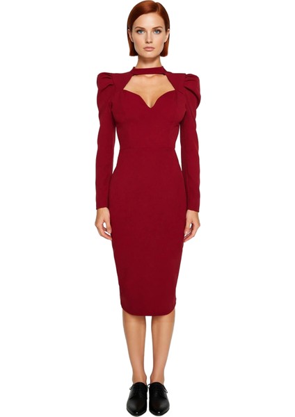 Kadınlara Özel Bordo Bodycon Kesim Midi Elbise Balon Kol Kalp Yaka Gece Kokteyl Davetleri Için