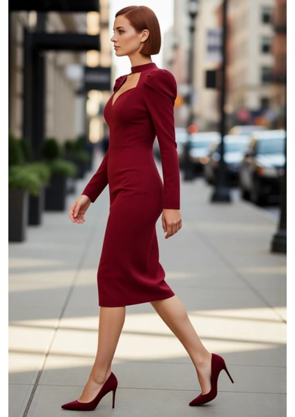 Kadınlara Özel Bordo Bodycon Kesim Midi Elbise Balon Kol Kalp Yaka Gece Kokteyl Davetleri Için modelleri