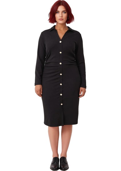 Kadın Büyük Beden Şık Midi Elbise Gömlek Yaka Büzgü Detaylı Örme Uzun Kol Kışlık Tasarım Kaliteli fiyatları