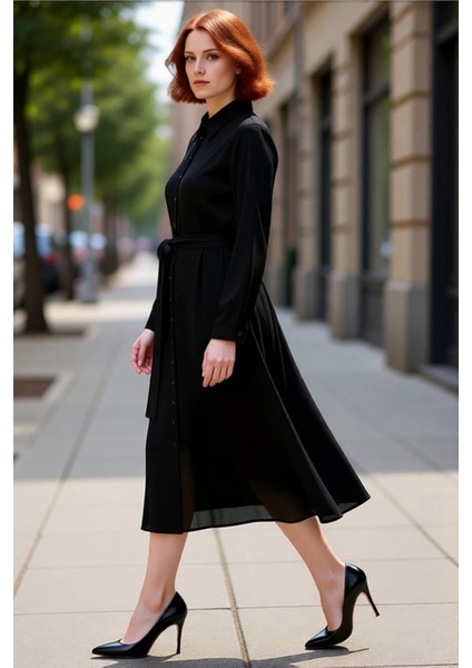 Kadın Düz Siyah Viskoz Midi Boy Gömlek Elbise Kuşak Detayıyla Şık ve Rahat Günlük Stil Kaliteli fırsatları