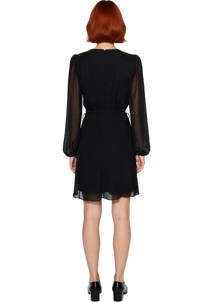 Kadın Haki Düz Desen Astarlı Balon Kol V Yaka Mini Elbise Şifon Dokuma Kumaş Kalitesiyle Kaliteli fiyatları