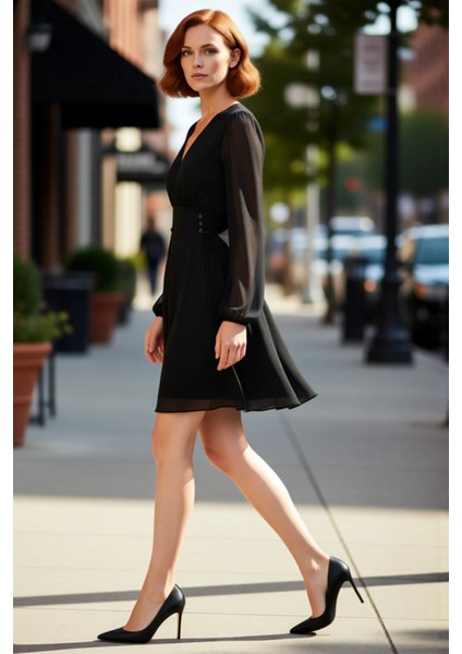 Kadın Haki Düz Desen Astarlı Balon Kol V Yaka Mini Elbise Şifon Dokuma Kumaş Kalitesiyle Kaliteli modelleri