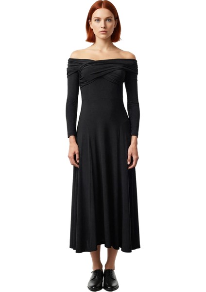 Kadın Carmen Yaka Uzun Kol A Line Siluet Polyester Karışımlı Maxi Abiye Elbise Özel Davetler Için.