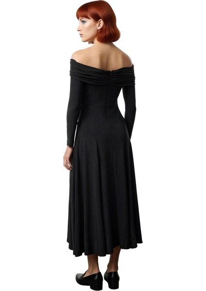 Kadın Carmen Yaka Uzun Kol A Line Siluet Polyester Karışımlı Maxi Abiye Elbise Özel Davetler Için. fiyatları