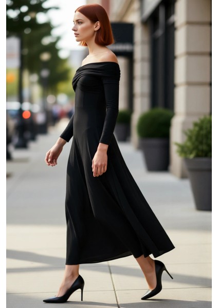 Kadın Carmen Yaka Uzun Kol A Line Siluet Polyester Karışımlı Maxi Abiye Elbise Özel Davetler Için. modelleri