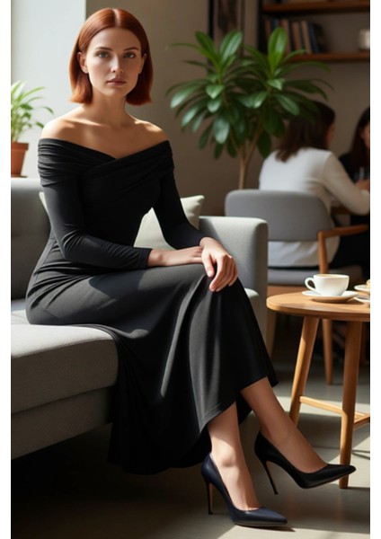 Kadın Carmen Yaka Uzun Kol A Line Siluet Polyester Karışımlı Maxi Abiye Elbise Özel Davetler Için. fırsatları