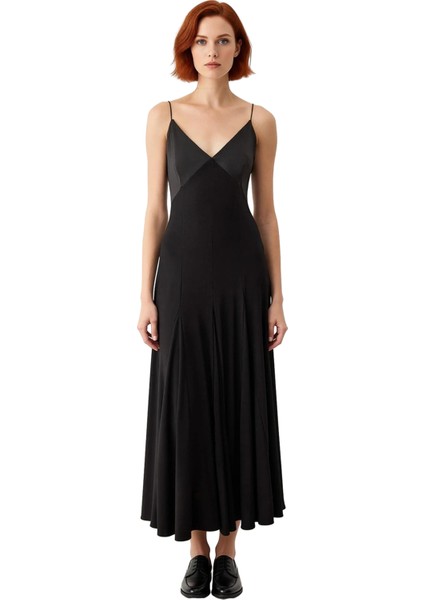 Kadın Gece Elbisesi A Line Kesim Maxi Boy V Yaka Ince Askılı Örme Kumaş Modern Şıklık Kaliteli