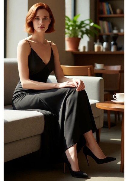 Kadın Gece Elbisesi A Line Kesim Maxi Boy V Yaka Ince Askılı Örme Kumaş Modern Şıklık Kaliteli fırsatları