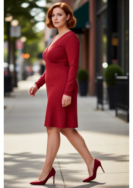 Kadın Büyük Beden V Yaka Uzun Kol Skater Örme Mini Elbise Ilkbahar Sonbahar Kombinlerinin Yıldızı